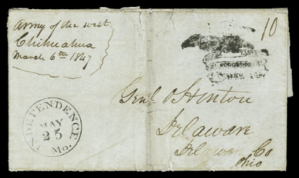 Army of the West, Chihuahua, March 6th 1847, manuscript military endorsement and 10 rate on folded letter with integral address leaf written on captured stationery of the
Government of Chihuahua to General Hinton at Delaware, Ohio, carried by m