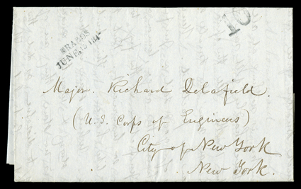 Brazos, June 15, 1847, two-line straightline postmark and matching 10 handstamped rate on fresh folded letter with integral address leaf to Major Richard Delafied at New York
City datelined Camp U.S.A. near Monterey28 May 1847, extremely fin