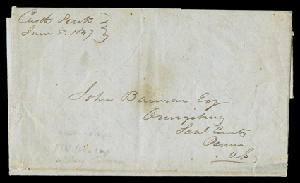 Castle Perote, June 5, 1847, manuscript endorsement on folded letter with integral address leaf to Pennsylvania, very fine.The letter from Captain F. M. Wynkoop talks in detail
about guerilla incursions in his area and: >I...We have news from th