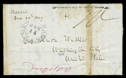 Forwarded by the N.O. Delta Courier, pointing hand blue straightline handstamp on Dec 19th 1847 folded letter with integral address leaf to Washington, City, MexicoDec 25th
1847 manuscript postmark and 10 rate, carried by private Mexican W