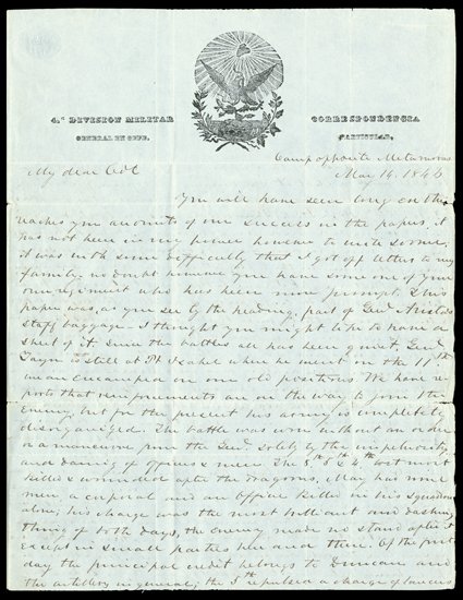 [Palo Alto, W.W.S. Bliss and others] An important group of letters from participants. Two are to the soldier and scholar E.A. Hitchcock, from camp opposite Matamoras, May 14,
1846, and written on the letterhead of the general in chief of the Me