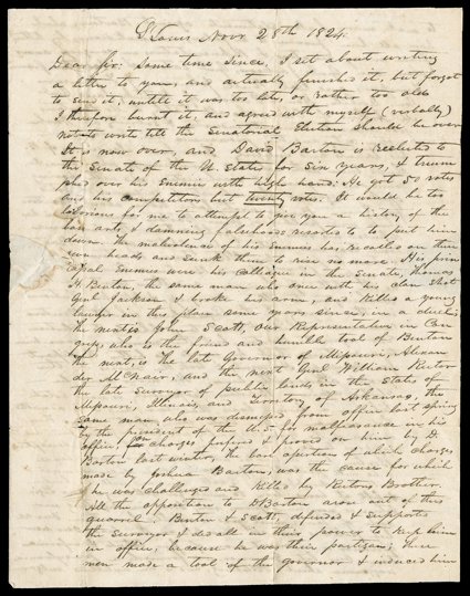 [Santa Fe Fur Trade] Early autograph letter signed, St. Louis, November 28, 1824, by I.C. McGirk. He writes Andrew Scott in Dandridge, Tennessee, Our Missouri fur trade is
antensive & profitable. Prosperity & wealth awaits us & is the sure rew