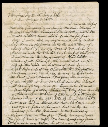[Doniphans Expedition] Choice content autograph letter signed by William S. Hayten, July 15, 1846, from Pawnee Fork (near present-day Larned, Kansas) on the Santa Fe Trail, one
of the Missouri volunteers that made up William Doniphans expeditio