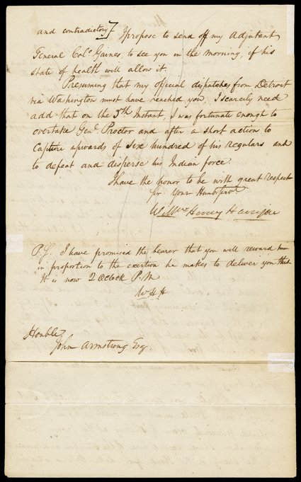 [Fort Meigs and the Battle of the Thames, William H. Harrison] Three important Letters Signed during the War of 1812, one also signed by Lewis Cass. One describes the siege of
Ft. Meigs another mentions the great victory in the Battle of the Tha