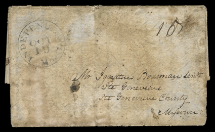 [On the Santa Fe Trail] folded letter with integral address leaf datelined at Cimmeron Creek upper Spring 250 miles from Santa Fee September 17th 1846 (present day New Mexico)
and carried eastbound by private courier or military express up the