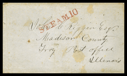 Head Quarters Santa Fe N.M., October 15th, 1847 dateline on folded letter with integral address leaf and carried up the Santa Fe Trail by military express, entered the mails to
Troy, Illinois at St. Louis with their red STEAM 10 handstamp, some