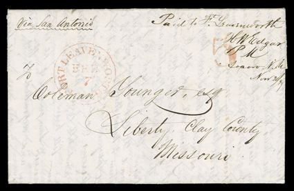 Soccoro, New Mexico, 1849 folded letter with integral address leaf with manuscript Paid to Ft. LeavenworthH.W. EdgarP MSoccoro, N.M.Nov 2049 military period postmark and with
directive Via San Antonio, though it is doubtful that it went