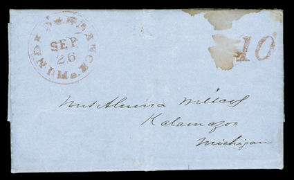 [Old Fort Mann on the Santa Fe Trail] folded letter with integral address leaf datelined Camp near Old Fort Mann Arkansas River, Sept 3d, 1850, per the letter it was carried by
an Army wagon train over the Santa Fe Trail to Independence, Missou