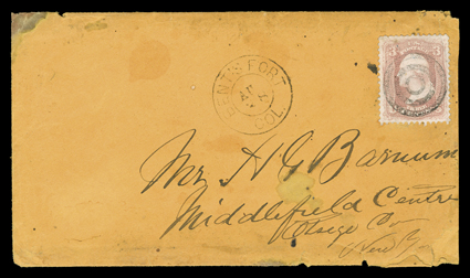 [Indian terror on the Santa Fe Trail, 1868] orange cover with well centered 3c Rose (65) cancelled by target and with matching double circle Bents FortAug 28 Colorado
Territorial datestamp alongside to Middlefield Center, N.Y., with original