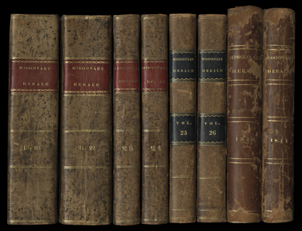 The Missionary Herald., Volumes 19-26 and 36-37 only, in eight bound books, Boston, Crocker and Brewster, 1823-41. 8vo, all half leather with marbled boards. Usual cover wear,
but sharp condition.