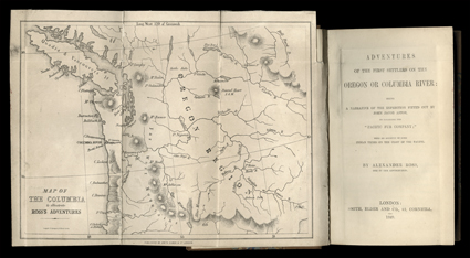 Adventures of the First Settlers on the Oregon or Columbia River., Alexander Ross. London, Smith, Elder & Co, 1849. 12mo, half leather (Gross) with banded and gilt spine.
Fold-out map at front, backed with linen. Risvold label on first endpap