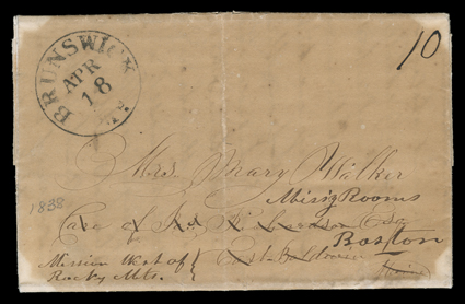[Maine to Oregon via Hawaii] 1838-39, folded letter with integral address leaf originating with Brunswick, MeApr 18 (1838) datestamp and manuscript 10 rate, addressed to Mrs
Mary Walker in care of the Mission Rooms at East Baldwin, Maine who