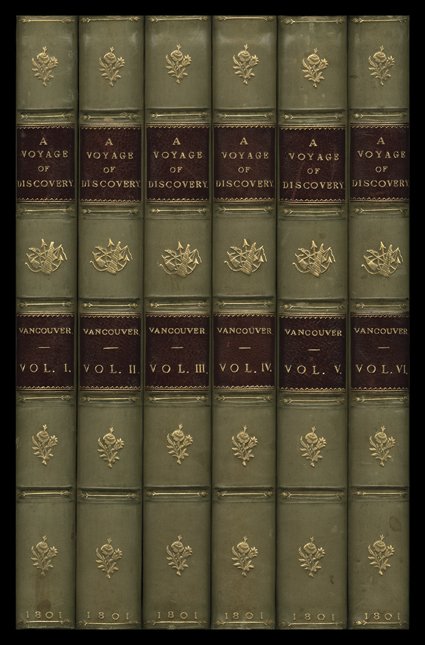 A Voyage of Discovery to the North Pacific Ocean, and Round the World., George Vancouver. London, John Stockdale, 1801. Six volumes. 8vo, modern ¼ leather with banded and gilt
spines, gilt tops. With folding map and folding plates. Bookplates