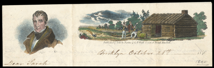 [William Henry Harrison, 1840 Campaign] Harrison illustrated letter sheets, lot of six comprised of four different designs used during his 1840 presidential campaign, included a
hand painted multicolored design published by Narine & Co. of N.Y.,