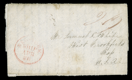 [Oregon Missionary Mail via Hawaii] folded letter from Sarah Smith datelined Clear Water Nez Perces Mission Oregon Ter Sept 6 1839 to West Brookfield, Mass., carried via the
Sandwich Islands and endorsed Recd Honolulu, Sand. Islds. Decr 16 19