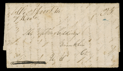 [Oregon Missions overland to Missouri] folded letter with integral address leaf to Franklin, Ct. datelined Oregon Territory, Waskopam Mission Jan 21, 1842, with directive Pr
H.B. Co. Express (Hudson Bay Company) crossed out and carried overla