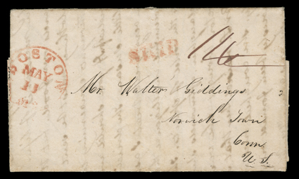 [Oregon Missions via Hawaii] folded letter with integral address leaf datelined Oregon Territory Waskopum Mission May 28, 1842, carried by a returning missionary via the
Sandwich Islands and around Cape Horn to Boston, where it entered the mail