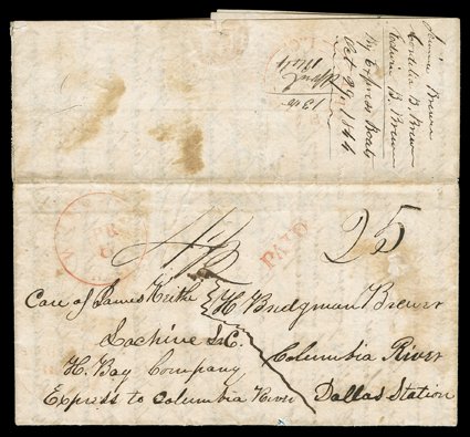 [By Hudsons Bay Company to Oregon Country] westbound folded letter with integral address leaf datelined Wilbraham (Mass.), fast day April the 4, 1844 to Henry Bridgeman Brewer,
the Oregon missionary, addressed to Columbia River, Dalles Statio