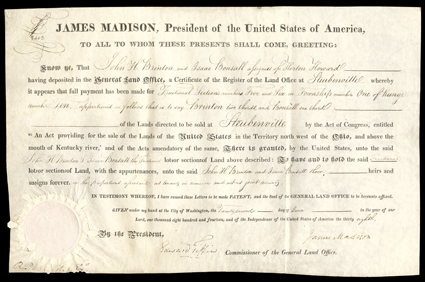 Madison, James Document Signed James Madison as President, 1 page, oblong folio, Washington, June 22, 1814. A land grant to John H. Brinton and Isaac Bonsall for Fractional
Sections numbers Five and Six in Township number One of Range number T