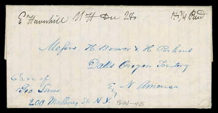 [To the Oregon Mission] folded letter with integral address leaf with manuscript E Haverhill N.H. Dec 29 (1844) postmark and matching 18 34 rate to New York, where it was
delivered to George Lane to be forwarded to H. Brewer & H. Parkins, D