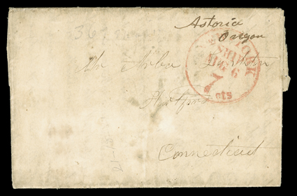 [Oregon Missionary Mail via Hawaii] folded letter with integral address leaf to Hartford, Connecticut datelined Salem July 11th 1847, with postscripts dated July 25 and Aug 4
and bearing bold manuscript AstoriaOregon postmark in the hand