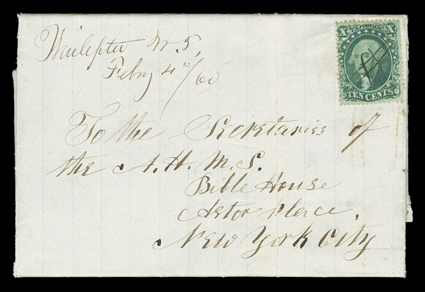 [Reverend Henry Spalding and the Oregon Missions, 1860] folded letter with integral address leaf datelined Fort Walla Walla W.T. Jan 2 1860 with manuscript Wailepta W.T.Feby
4th60 Washington Territory postmark and 10c Green, Ty. II (32, te