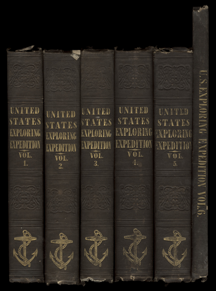 Narrative of the United States Exploring Expedition, during the Years 1838-42., Charles Wilkes. Philadelphia, Lea and Blanchard, 1845. Six volumes (including atlas). 8vo,
(atlas 4to), brown cloth with gilt shield design, spines. Rubbed, light