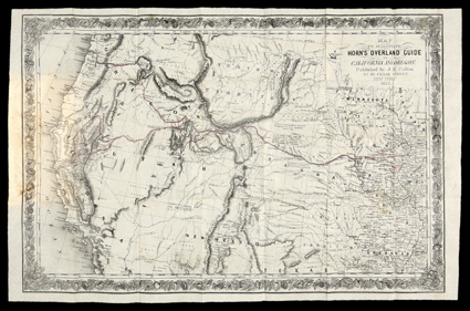 Horns Overland Guide, from the U. S. Indian Sub-Agency...to...Sacramento. Hosea B. Horn. NY, 1852 - 1st Ed - early Mixed Issue - 16mo, - orig cloth with gilt title - With
folding map, with route outlined in red, folding into orig cover. Damp
