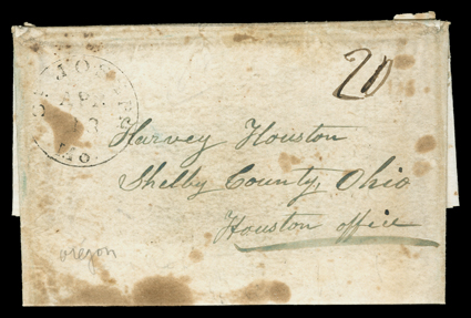 [Heading for the Oregon Trail, 1848], folded letter with integral address leaf to Shelby, Ohio with St. Louis, Mo.Apr 18 datestamp and manuscript 20 rate, cover stained,
fine.Excellent long letter on the complex problems of moving a family a
