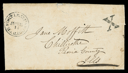 [On the Oregon Trail to the California Gold Fields], folded letter with integral address leaf datelined Nebraska Territory May 26th 1849 to Chillicothe, Illinois, entered the
mails with Fort Leavenworth, Mo.June 14 datestamp and matching X