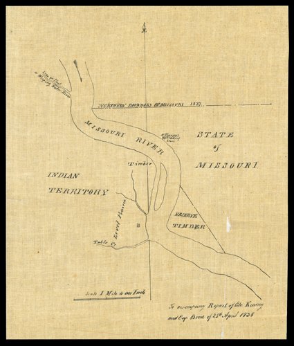 [Maps, Old Fort Kearny] Wonderful pair of hand-drawn maps of the original Fort Kearny, built by Col. Stephen W. Kearny. The first map, about 10 x 8.5, is marked To accompany
Report of Colo: Kearny and Cap: (Nathan) Boone of 25th April 1838. a