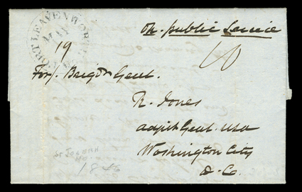 [Recommendation for naming Fort Kearney] May 1st, 1846 folded letter with integral address leaf datelined at Saint Joseph to Washington, D.C., entered the mails with Fort
Leavenworth Mo.May 19 datestamp and manuscript On public service endor
