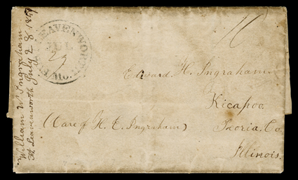 [Fort Leavenworth, Fort Kearney and Grand Island, Nebraska Territory], fascinating correspondence of William W. Ingraham to his brother Edward in Kicapoo, Illinois of eight
stampless folded letters with integral address leaves (transcibed) from F