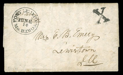 Fort Kearny, Oregon Route, manuscript military postmark, as unorganized Territory, on folded letter with integral address leaf datelined On the plains May 21st 1848 and carried
by military express to Fort Leavenworth where it entered the mails