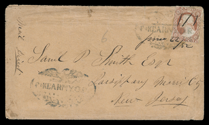 [Fort Kearny Oregon Route] ornate Ft Kearny O.R. handstamp with spread eagle, stars and leaves tying 3c Dull red (11, faults) to buff cover to Parsippany, N.J., with second
stronger strike repeated at lower left, original letter enclosure, cov