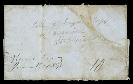 [On the Oregon Trail] folded letter with integral address leaf datelined Platte River, near Fort Kearny, May 9th, 1849 carried out of the mails to Kanesville, Iowa, where it
entered the mails with manuscript Kanesville IoaJune 13, 1849 postm