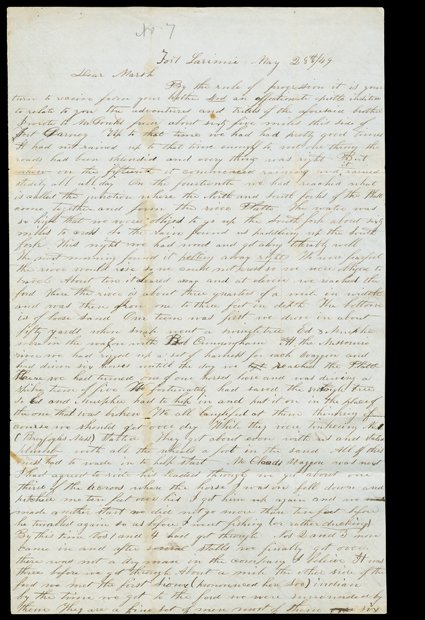 [Fort Laramie] Very early autograph letter from a member of the Delaware Company, signed by A.C. Moses from Ft. Laramie, May 28, 1849. He writes to his brother Marsh: At the
Missouri river we had rigged up a set of harness for each waggon and