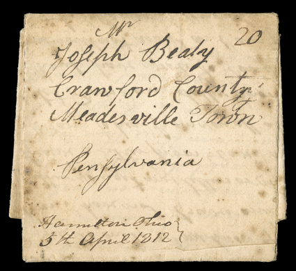 [Battle of Tippecanoe] and the New Madrid, Missouri earthquake, folded letter with integral address leaf to Meadesville, Pa. with manuscript Hamilton, Ohio5th April 1812
postmark, written 99 days after the great earthquake at New Madrid on the