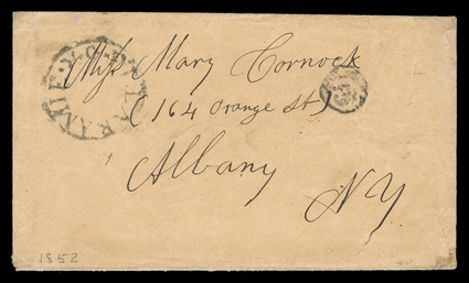 [Fort Laramie, Oregon Route], two covers, first with Ty I Ft. Laramie, O.R postmark with matching negative 5 rate handstamp on buff cover to Albany, N.Y., second with Ty. II Ft
Laramie, O.R. postmark with the same negative 5 rate handstam