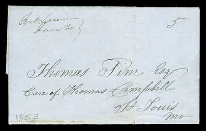 [Fort Laramie postmark collection] twelve covers ranging from 1853 to the 1870s, starting with January 30, 1853 folded letter with integral address leaf with one of the few
early manuscript postmarks, and continuing with one of only two recorded