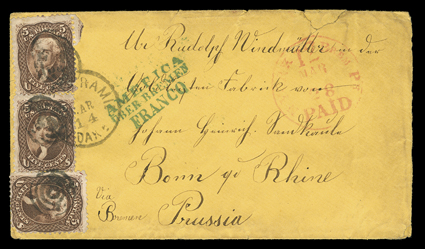 [Fort Laramie, Dakota Territory], yellow cover to Prussia with three 5c Brown (76, two with fault) tied to each other by target cancels and to cover by Ty. IX Fort Laramie,
DakMar 14 territorial datestamp, red N. York Brem Pkt12 PaidMa