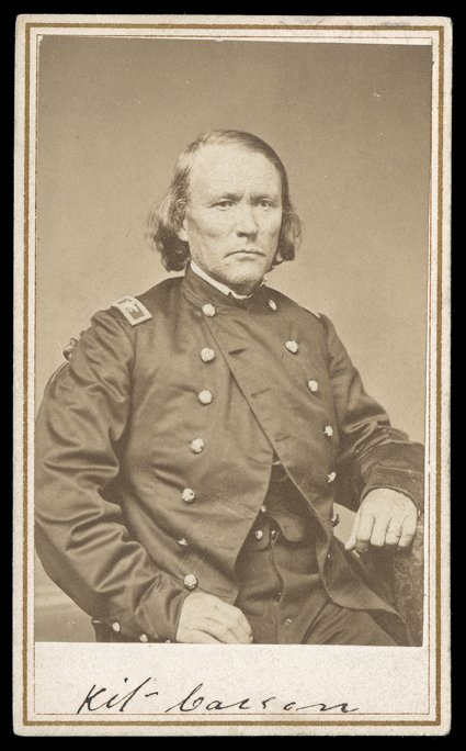 [Christopher Kit Carson] Exceedingly rare carte-de-visite Photograph Signed Kit Carson on mount below image. A seated, waist-length Civil War-date image of Carson as a
brigadier general, by Hoelke & Benecke of St. Louis. In outstanding condit