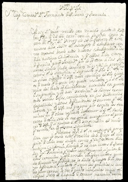 Serra plans missions and mail service in Alta California in 1776Junipero Serra. Rare Autograph Letter Signed Fr. Junipero Serra, in Spanish, 2 pages, legal folio, on laid
paper, Presidio de San Diego, July 27, 1776. He responds to Captain Don Fer