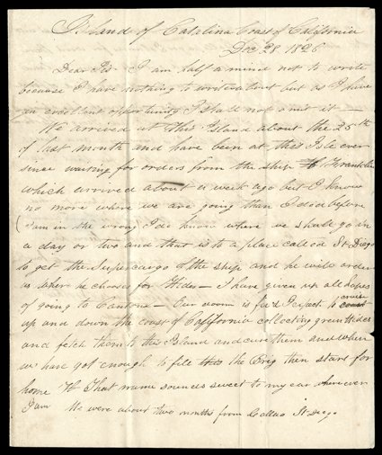 [Mexican Period - Island of Catalina, Coast of California], Dec 28 1826 dateline on folded letter with integral address leaf to Ipswich, Mass., carried by the ship Harbinger on
its return voyage around Cape Horn with a cargo of hides per do