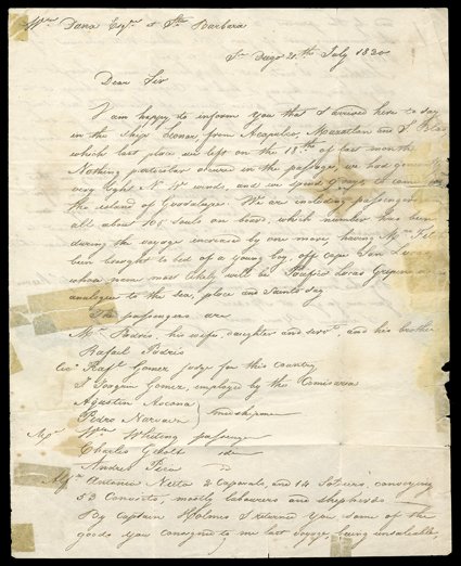 [Mexican Period - San Diego] San Diego 20th July 1830 dateline on folded letter with integral address leaf to Santa Barbara, carried up the coast by the Mexican ship Leonor,
with large manuscript 4 reales applied for postage due at Santa Ba