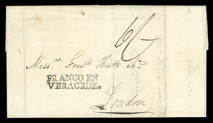 [Mexican Period - Santa Barbara], California Sta. Barbara 16th Nov. 1831 dateline on folded letter with integral address leaf to London, carried by sailing ship to Mazatlan,
Mexico where it arrived on 4 January, 1832 and was forwarded to Vera C