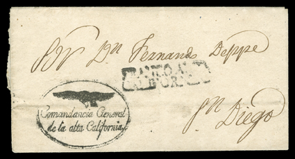 FRANCO ALTA CALIFORNIA, mostly clear two line straightline postmark on 1834 folded cover from Monterey to Senor Don Fernand Deppe at San Diego, docketed internally as
originating from Genl. Jose Figueroa, Monterey 17 Junio 1834 and with his ova