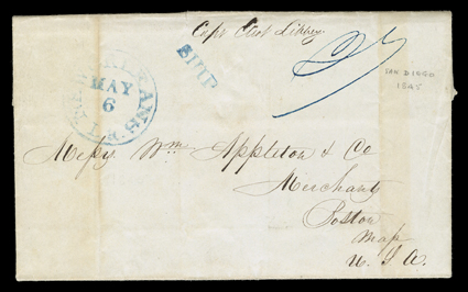 San Diego March 4, 1845, dateline on folded letter with integral address leaf to Boston, Mass., carried by ship to Mazatlan, Mexico, where it was given to Mott Talbot & Co.,
with their double oval forwarding agents backstamp, for transmission to