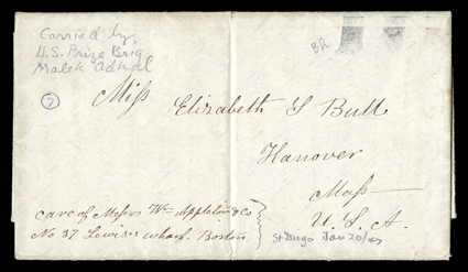 [Early California correspondence, 1845-1847] from John C. Bull to his sister at Hanover, Mass., December 9th, 1845 to January 20th, 1847, four folded letters with integral
address leaves, first datelined Barque Tasso, San Pedro California Dec.
