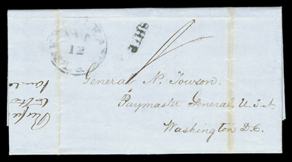Monterey, Cal. Oct. 23rd, 1848 dateline of folded letter with integral address leaf to General N. Towson, Paymaster General U.S.A., Washington, D.C., carried by ship to
Mazatlan or Acapulco, Mexico, and overland to Vera Cruz where it entered the
